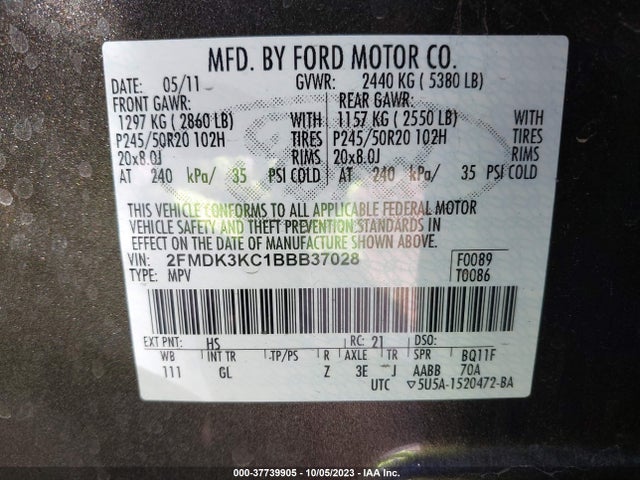 2011 FORD EDGE LIMITED VIN: 2FMDK3KC1BBB37028