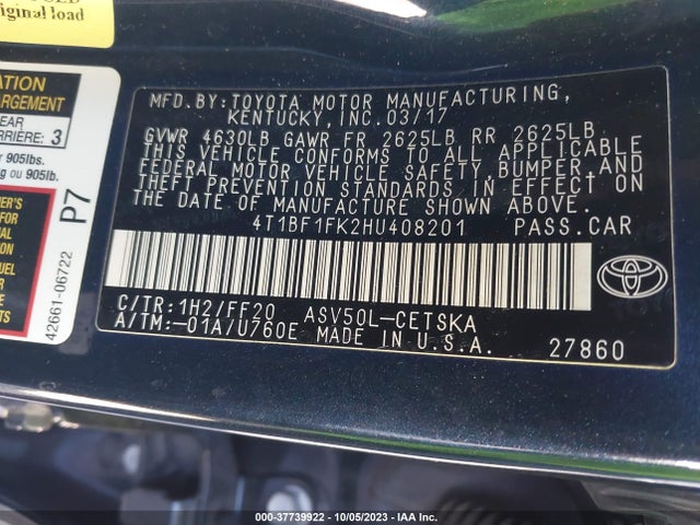 2017 TOYOTA CAMRY XLE/SE/LE/XSE VIN: 4T1BF1FK2HU408201