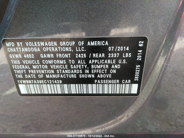 1VWBN7A39EC121429 Volkswagen Passat Tdi Se W/sunroof