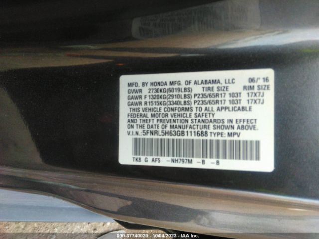 5FNRL5H63GB111688 Honda Odyssey Ex-l