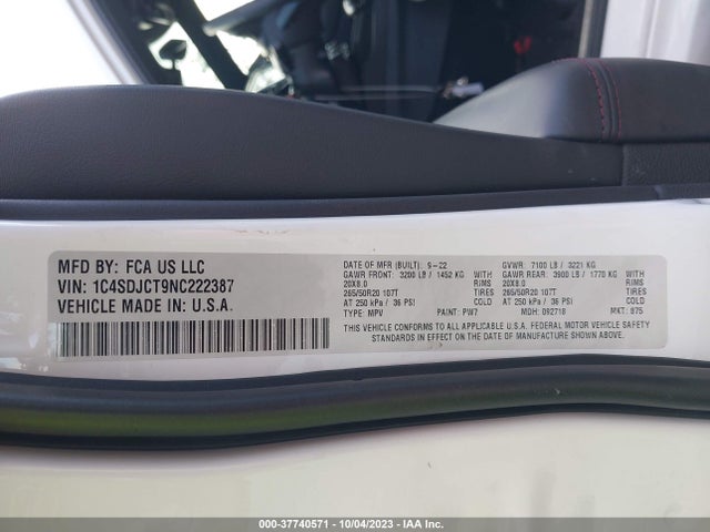 2022 DODGE DURANGO R/T PLUS VIN: 1C4SDJCT9NC222387