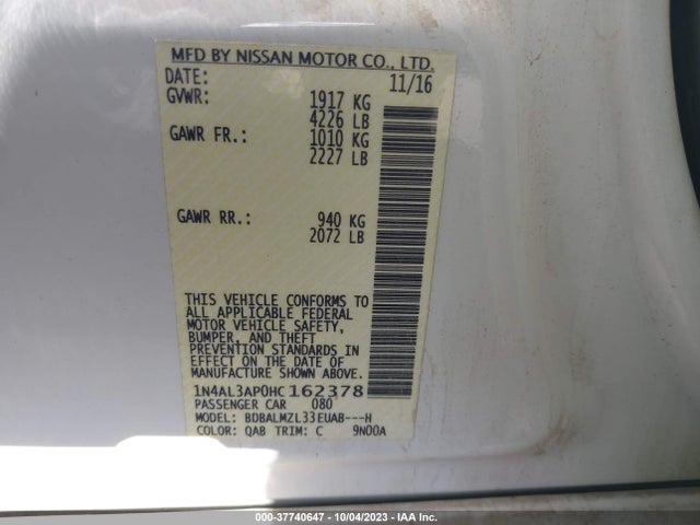 2017 NISSAN ALTIMA 2.5 SV VIN: 1N4AL3AP0HC162378