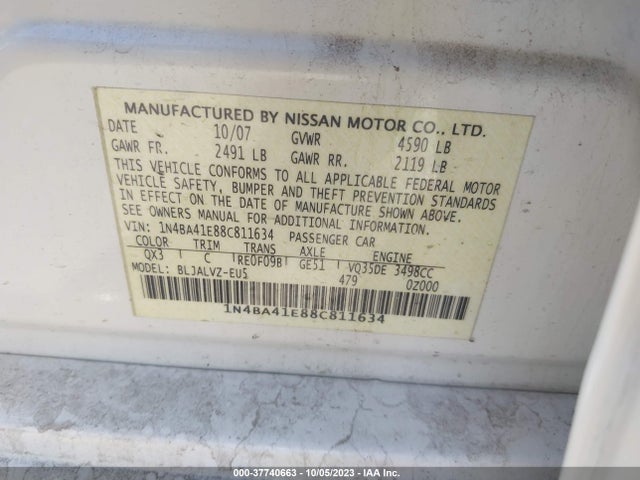 2008 NISSAN MAXIMA 3.5 SE VIN: 1N4BA41E88C811634