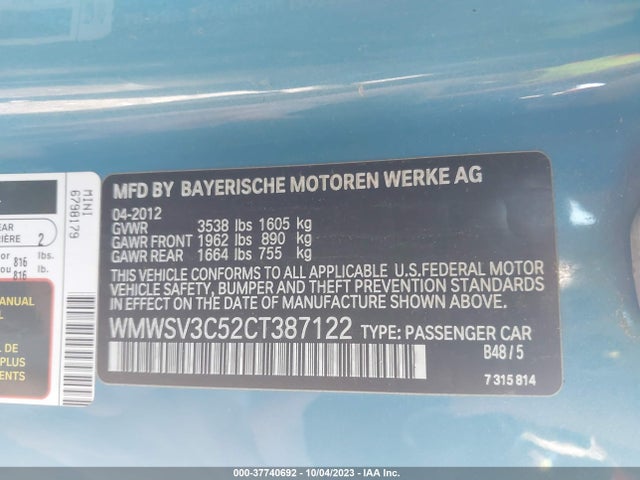 2012 MINI COOPER HARDTOP WMWSV3C52CT387122 Photo 8