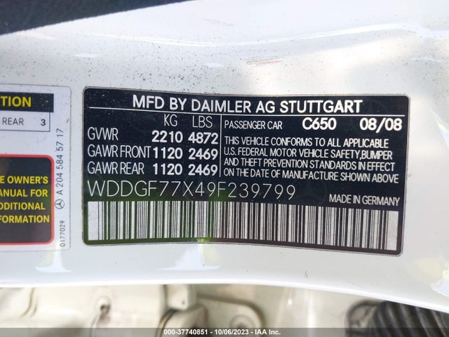 2009 MERCEDES-BENZ C-CLASS 6.3L AMG VIN: WDDGF77X49F239799