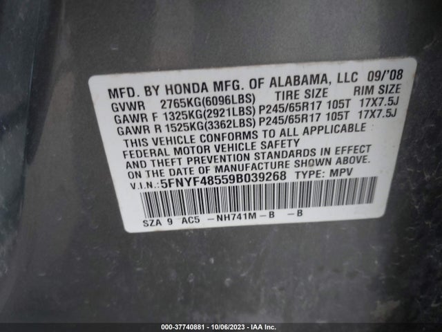 2009 HONDA PILOT EX-L VIN: 5FNYF48559B039268