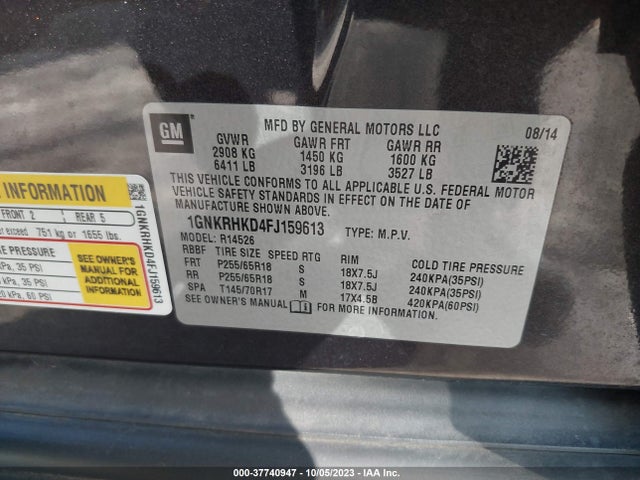 Chevrolet Traverse Lt 2015 1GNKRHKD4FJ159613 Image 9