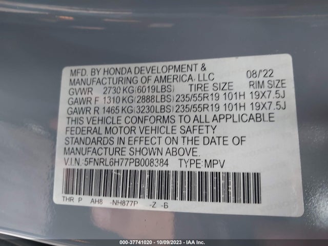 2023 HONDA ODYSSEY SPORT VIN: 5FNRL6H77PB008384