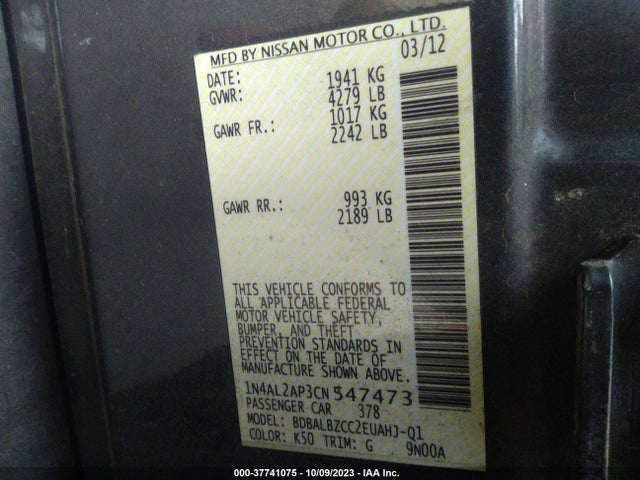 2012 NISSAN ALTIMA 2.5 S VIN: 1N4AL2AP3CN547473