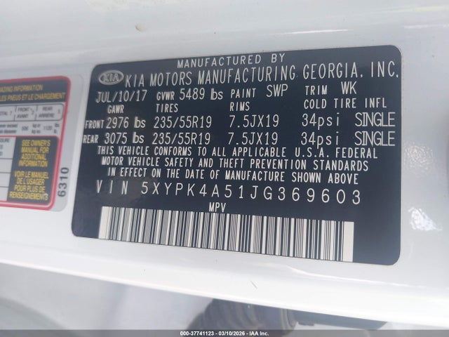5XYPK4A51JG369603 KIA Sorento 3.3l Sx