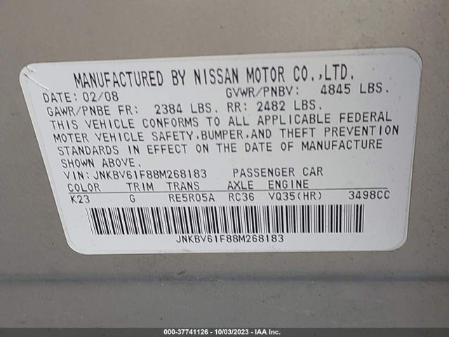 2008 INFINITI G35 SEDAN X VIN: JNKBV61F88M268183