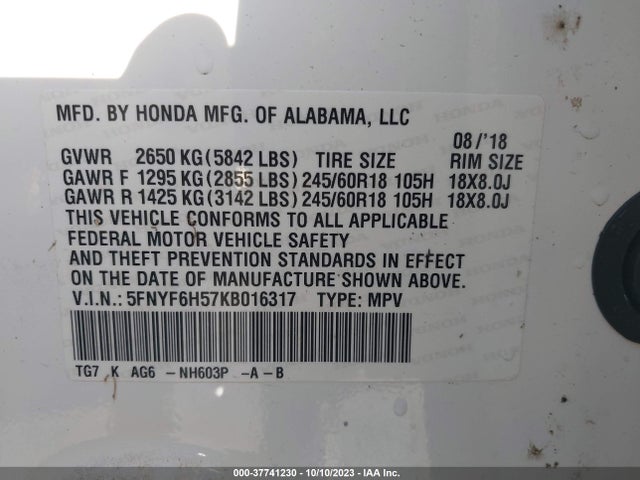 Honda Pilot Ex-l 2019 5FNYF6H57KB016317 Image 9