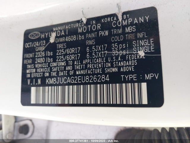 2014 HYUNDAI TUCSON SE VIN: KM8JUCAG2EU826284