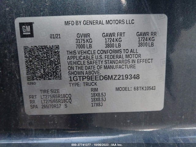 2021 GMC SIERRA 1500 4WD SHORT BOX AT4 VIN: 1GTP9EED6MZ219348