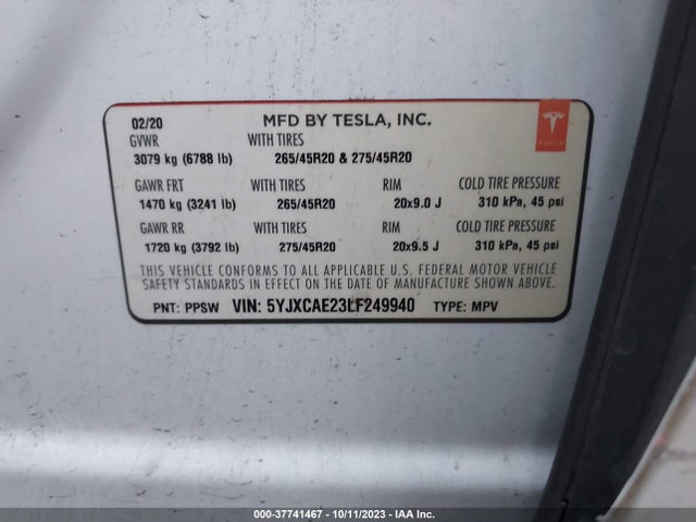 Tesla Model X Long Range 2020 5YJXCAE23LF249940 Image 9