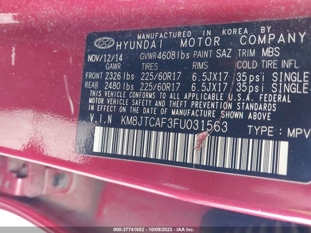 2015 HYUNDAI TUCSON GLS VIN: KM8JTCAF3FU031563