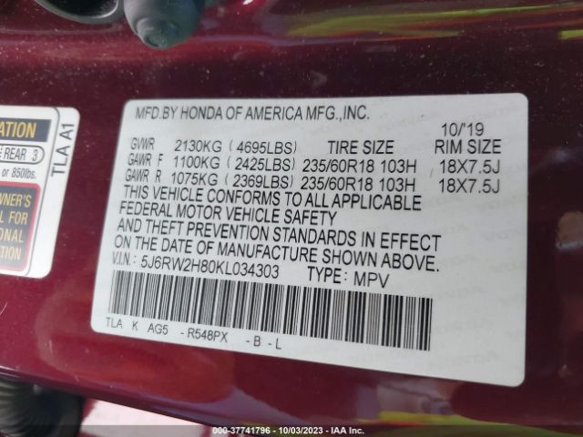 5J6RW2H80KL034303 Honda Cr-v Ex-l