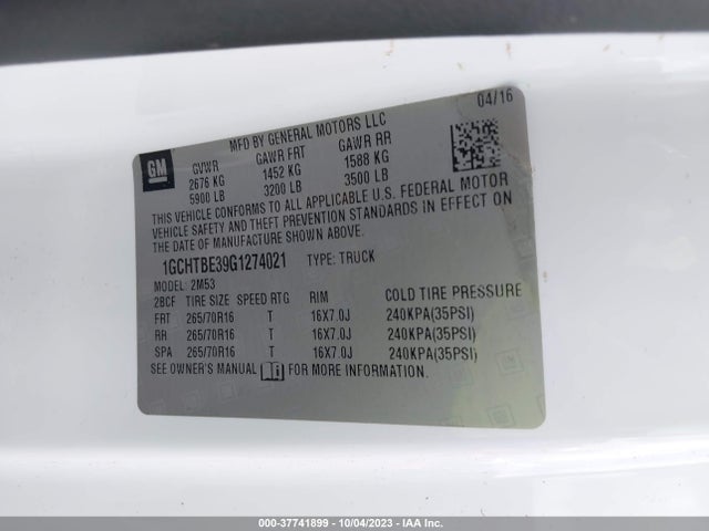 Chevrolet Colorado 4wd Wt 2016 1GCHTBE39G1274021 Image 9