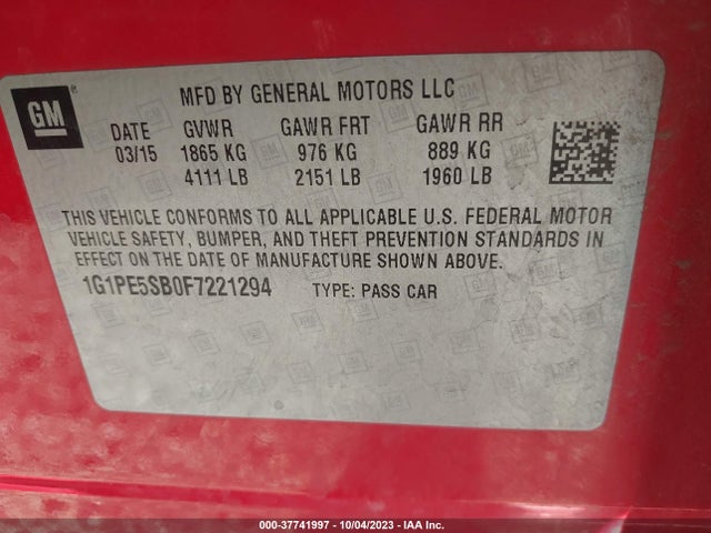 Chevrolet CRUZE LT 2015 1G1PE5SB0F7221294 Image 9