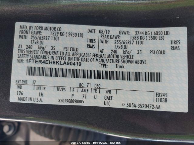 1FTER4EH8KLA90419 Ford Ranger Xl/xlt/lariat