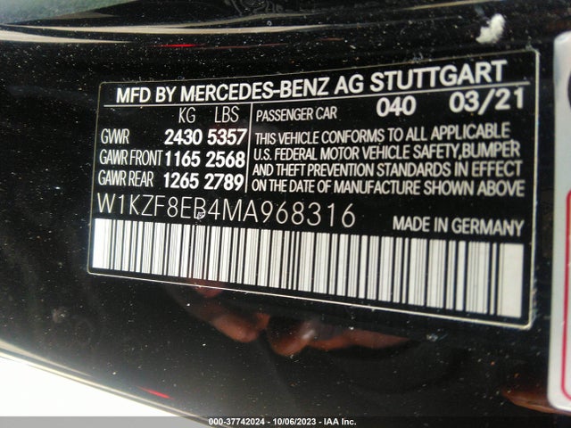 2021 MERCEDES-BENZ E-CLASS E 350 VIN: W1KZF8EB4MA968316
