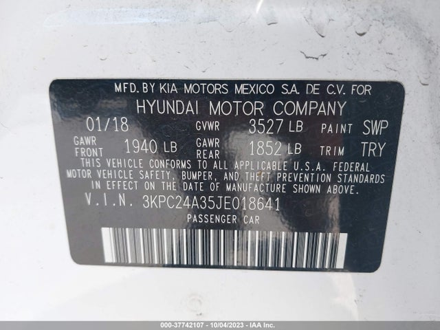 2018 Hyundai Accent Se მანქანა იყიდება აუქციონზე, vin: 3KPC24A35JE018641, აუქციონის ნომერი: 37742107