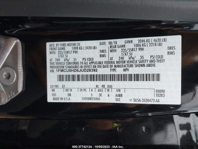 2018 FORD ESCAPE SEL VIN: 1FMCU0HD6JUD28392