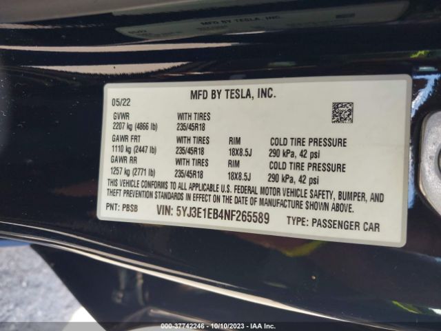 2022 TESLA MODEL 3 5YJ3E1EB4NF265589 Photo 8