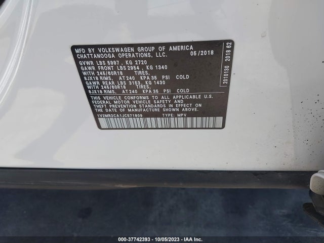 1V2MR2CA1JC571809 Volkswagen Atlas 3.6l V6 Sel
