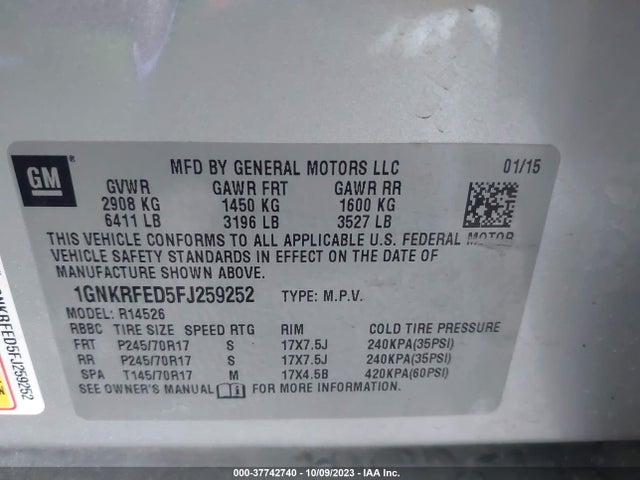 Chevrolet Traverse Ls 2015 1GNKRFED5FJ259252 Image 9