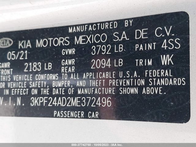 3KPF24AD2ME372496 KIA Forte Lxs