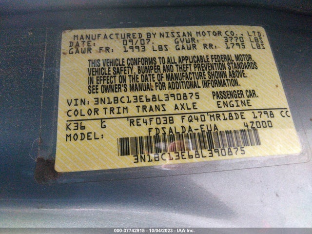 2008 NISSAN VERSA 1.8 S VIN: 3N1BC13E68L390875