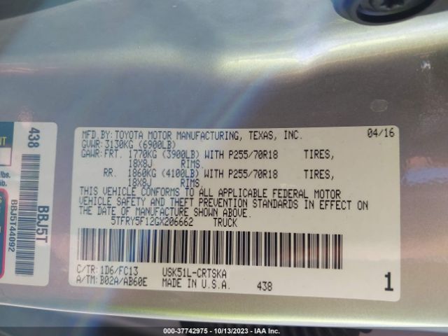 2016 TOYOTA TUNDRA 2WD TRUCK 5TFRY5F12GX206662 Photo 8