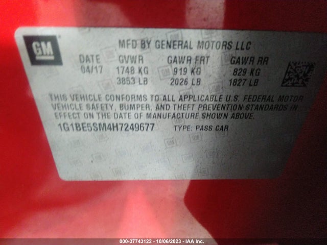 2017 CHEVROLET CRUZE LT AUTO VIN: 1G1BE5SM4H7249677