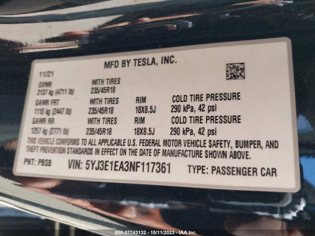 5YJ3E1EA3NF117361 Tesla MODEL 3