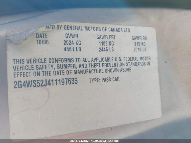 2001 BUICK CENTURY CUSTOM VIN: 2G4WS52J411197635