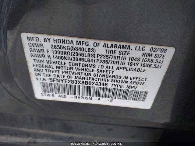 2008 HONDA PILOT SE VIN: 5FNYF283X8B024346