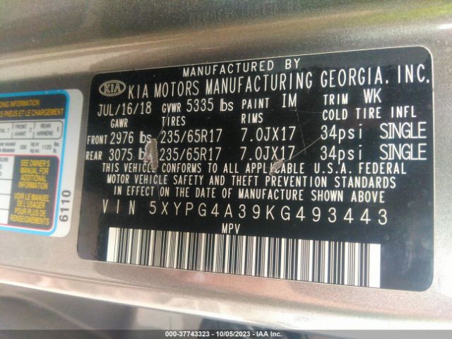 5XYPG4A39KG493443 KIA SORENTO L