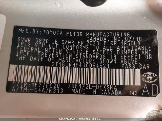 2018 TOYOTA COROLLA L/LE/XLE/SE/XSE VIN: 2T1BURHE4JC064521
