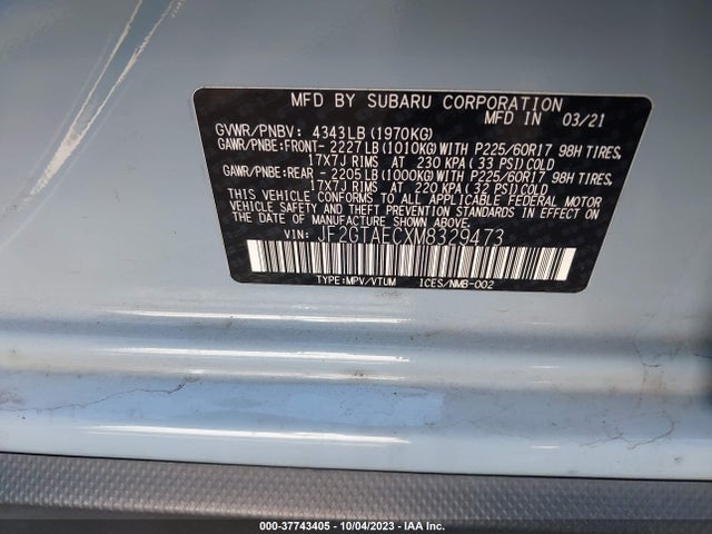 2021 SUBARU CROSSTREK PREMIUM VIN: JF2GTAECXM8329473