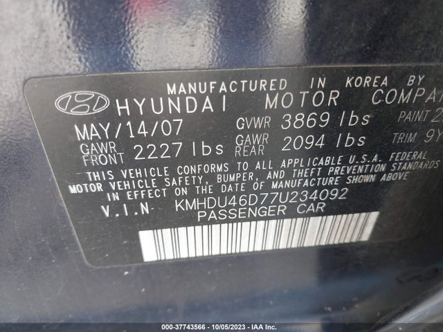 2007 HYUNDAI ELANTRA LIMITED/GLS/SE VIN: KMHDU46D77U234092
