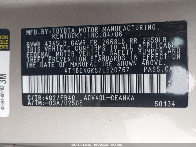 2007 TOYOTA CAMRY CE/LE/SE/XLE VIN: 4T1BE46K57U520767