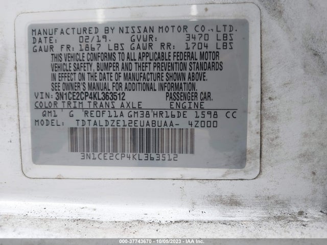 2019 NISSAN VERSA NOTE SV VIN: 3N1CE2CP4KL363512