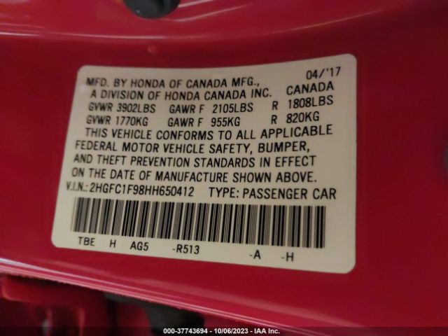 2HGFC1F98HH650412 Honda Civic Sedan Touring