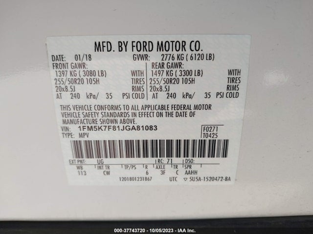 2018 FORD EXPLORER LIMITED VIN: 1FM5K7F81JGA81083