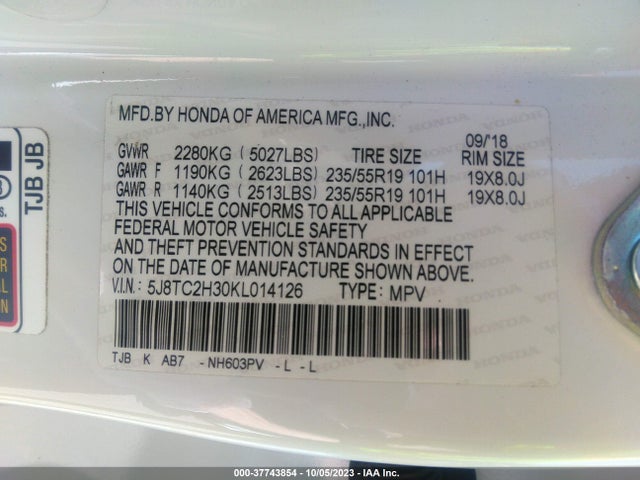 Aukcja sprzedaży 2019 Acura Rdx Standard, vin: 5J8TC2H30KL014126, numer aukcji: 37743854