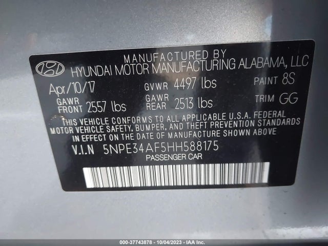 2017 HYUNDAI SONATA SPORT VIN: 5NPE34AF5HH588175