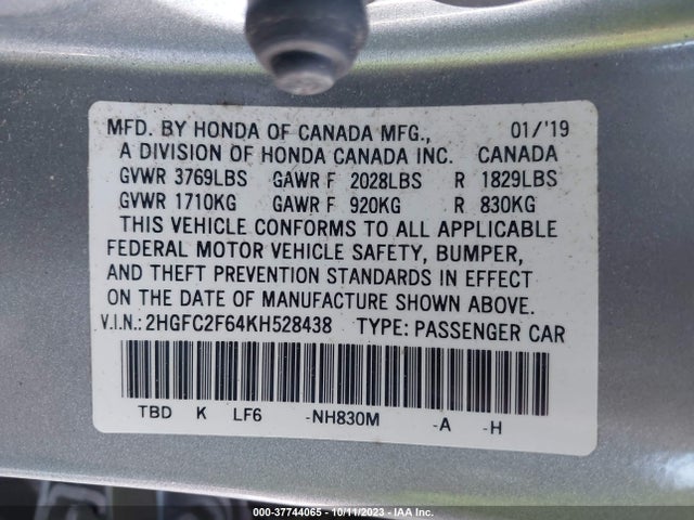 2019 HONDA CIVIC SEDAN LX VIN: 2HGFC2F64KH528438