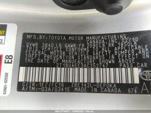 2010 TOYOTA COROLLA LE VIN: 2T1BU4EE3AC352747