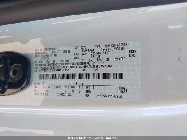 2021 FORD F-150 XL/XLT VIN: 1FTEX1CB2MKD83518